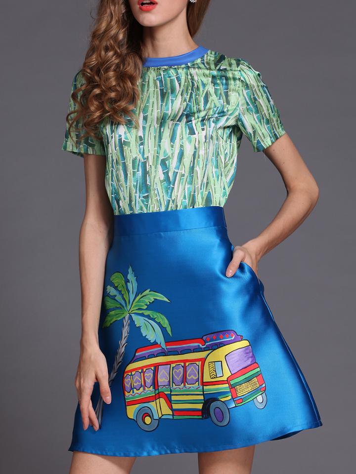 Shein Blue Short Sleeve Top With Car Print Skirt