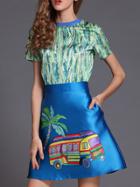 Shein Blue Short Sleeve Top With Car Print Skirt