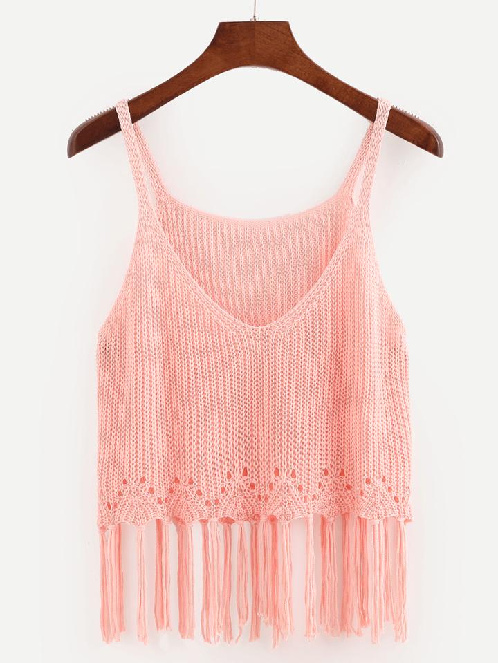 Shein Pink Scoop Neck Tassel Tank Top