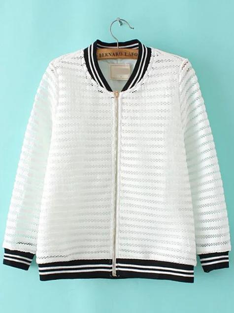 Shein White Stand Collar Hollow Striped Jacket