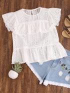 Shein Ruffle Cap Sleeve Buttoned Keyhole Eyelet Embroidered Top