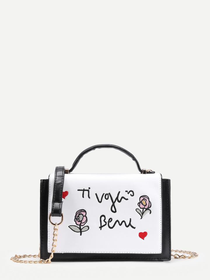 Shein Embroidery Detail Pu Shoulder Bag With Handle