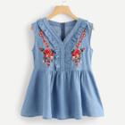 Shein Floral Embroidered Frill Denim Top