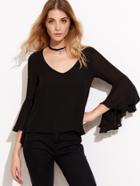 Shein Black Deep V Neck Bell Sleeve Cutout Back Chiffon Blouse