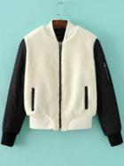 Shein White Color Block Lambswool Bomber Jacket