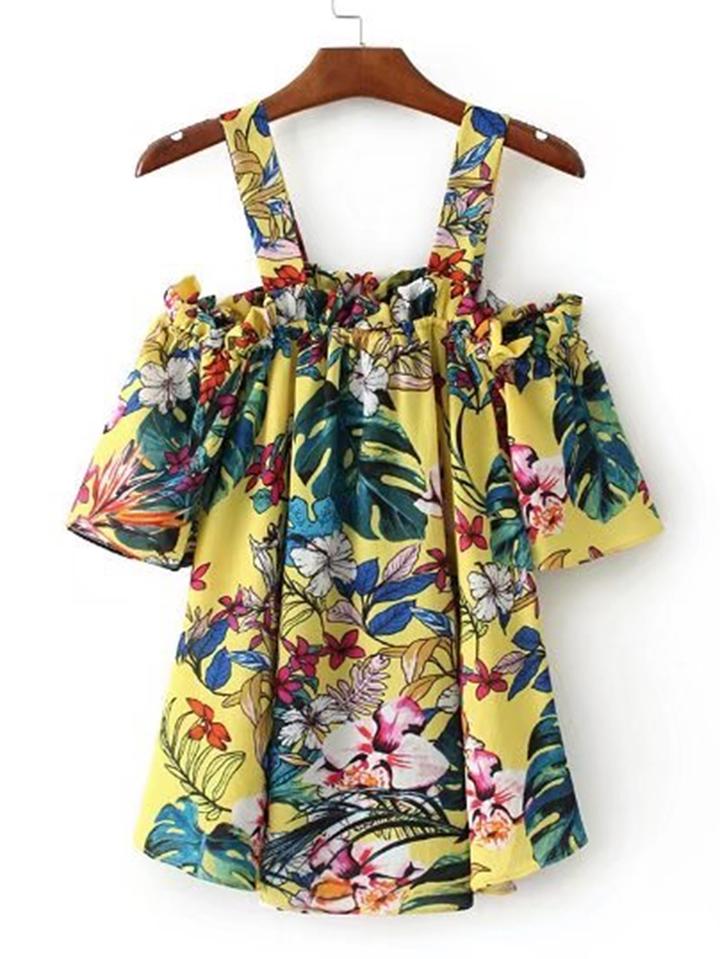 Shein Cold Shoulder Flower Print Dress