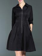 Shein Black Lapel Zipper Pockets A-line Dress