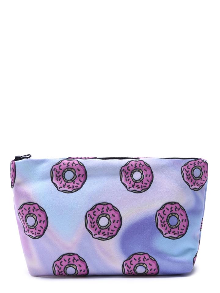 Shein Pink Doughnut Print Shiny Portable Cosmetic Makeup Bag
