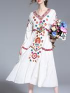 Shein White V Neck Tribal Embroidered Shift Dress