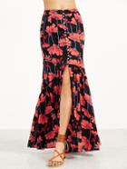 Shein Multicolor Flower Print Slit Front Ruffle Hem Maxi Skirt