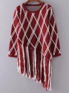 Shein Burgundy Diamond Pattern Fringe Hem Asymmetrical Sweater