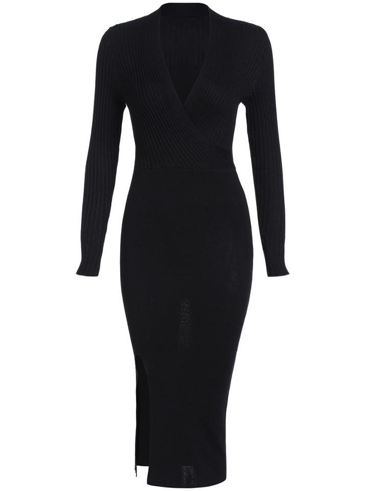 Shein Black V Neck Slim Split Knit Dress
