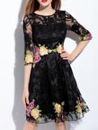 Shein Black Crew Neck Gauze Embroidered A-line Dress