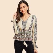 Shein Tassel Lace Up Smocked Peplum Top