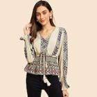 Shein Tassel Lace Up Smocked Peplum Top