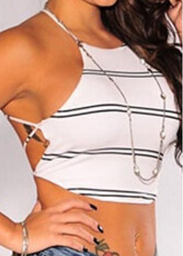 Rosewe White Open Back Stripe Print Crop Top