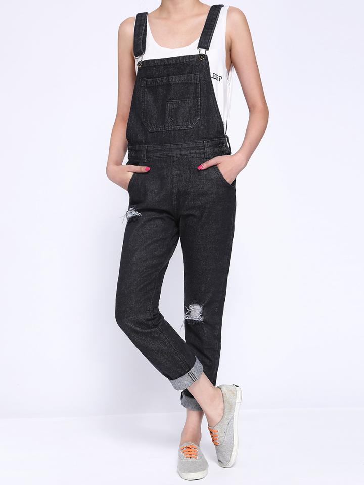 Shein Black Strap Ripped Pockets Denim Jumpsuit