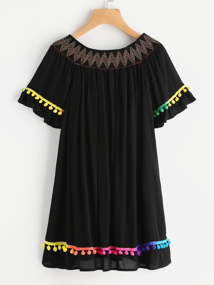 Shein Embroidered Smocked Bardot Neck Pom Pom Trim Dress