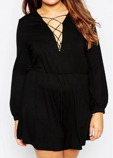 Rosewe Long Sleeve Black Lace Up Loose Romper