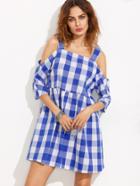 Shein Blue And White Gingham Cold Shoulder Dress