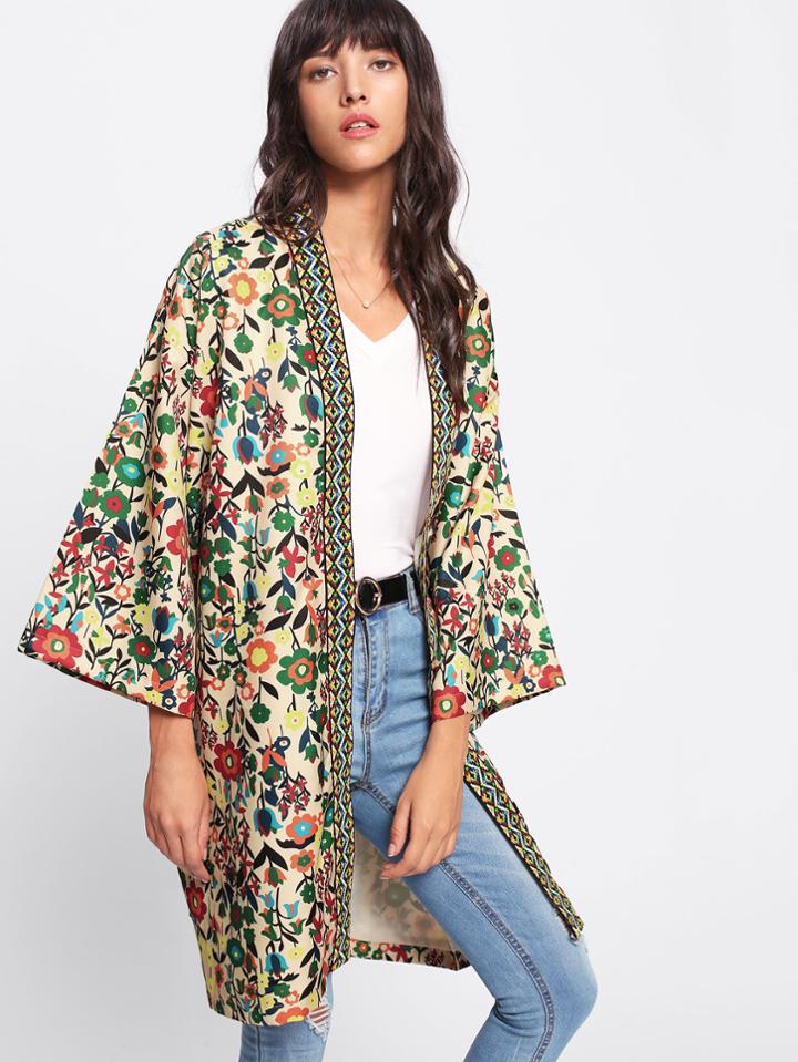 Shein Jacquard Tape Neckline Floral Kimono Coat