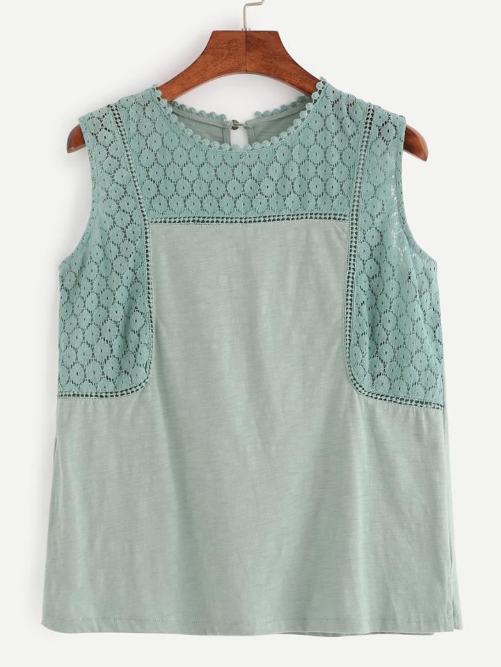 Shein Pale Green Lace Insert Keyhole Top
