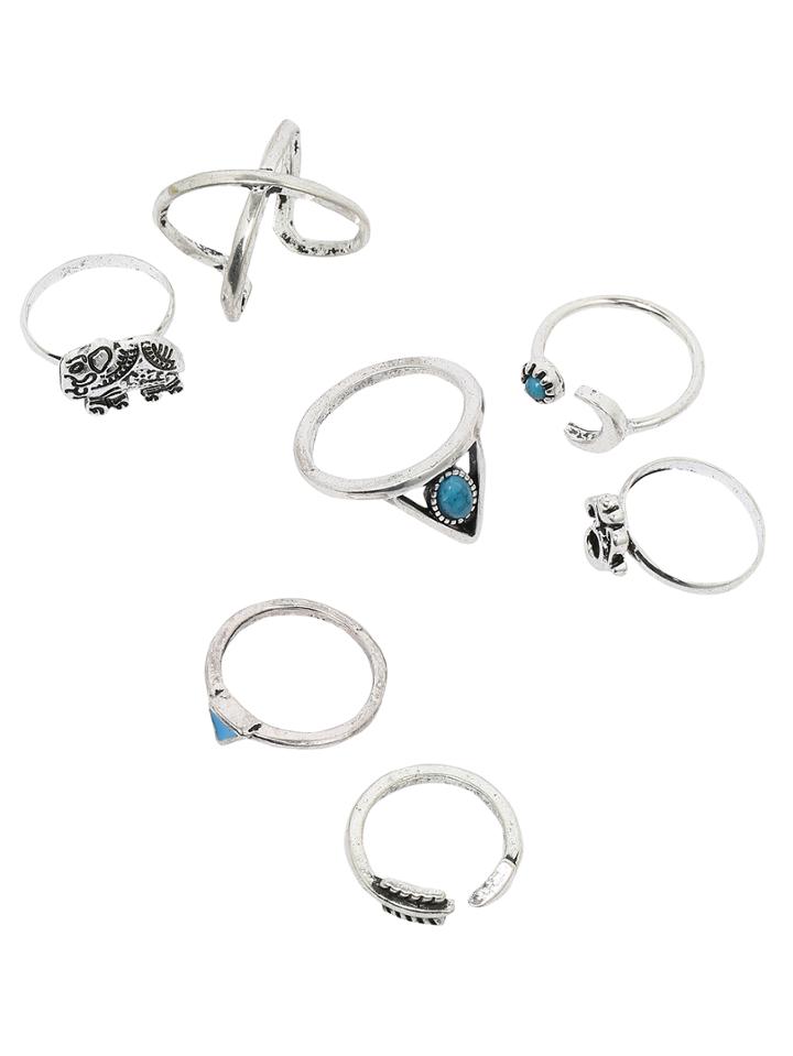 Shein Silver Triangle Turquoise And Elephant 7pcs Rings
