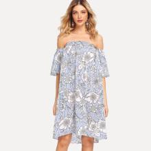 Shein Random Florals Striped Bardot Dress