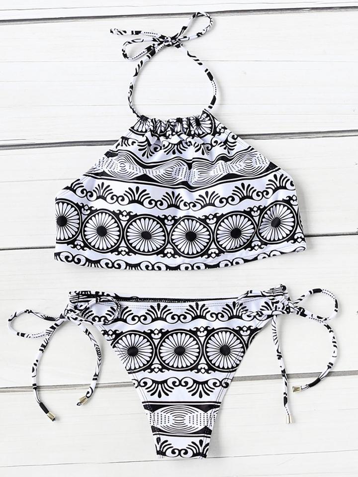Shein Tribal Print Side Tie Halter Bikini Set