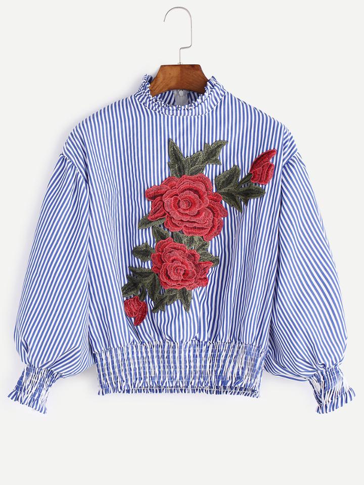 Shein Blue Vertical Striped Lantern Sleeve Embroidered Patch Blouse