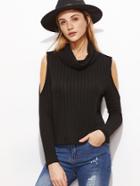 Shein Black Ribbed Knit Cowl Neck Open Shoulder T-shirt