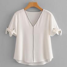 Shein Contrast Binding Tie Cuff Blouse