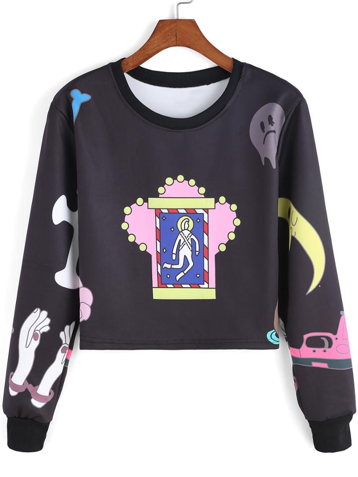 Shein Multicolor Round Neck Cartoon Print Crop Sweatshirt