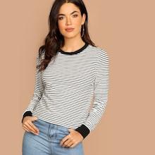 Shein Pinstripe Ringer Neck Tee
