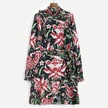 Shein Frill Trim Lace Panel Floral Print Dress