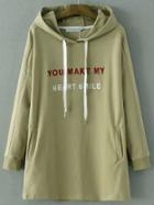 Shein Army Green Letter Embroidery Drawstring Hooded Sweatshirt Dress