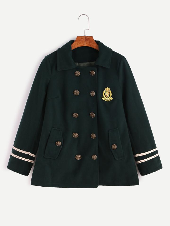 Shein Dark Green Varsity Striped Badge Patch Double Breasted Coat