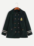 Shein Dark Green Varsity Striped Badge Patch Double Breasted Coat