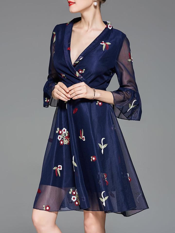 Shein Deep V Neck Bell Sleeve Embroidered Dress