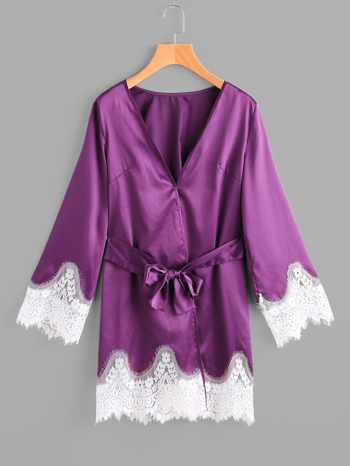 Shein Lace Trim Surplice Nightdress With Belt