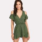 Shein Open Shoulder Ruffle Trim Dot Jumpsuit