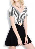 Rosewe Chic V Neck Stripe Design Cutout Pattern Mini Dress