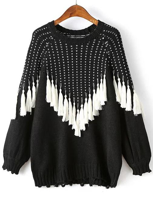 Shein Black Fringe Detail Raglan Sleeve Sweater