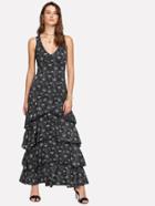 Shein X-strap Back Layered Peacock Print Dress