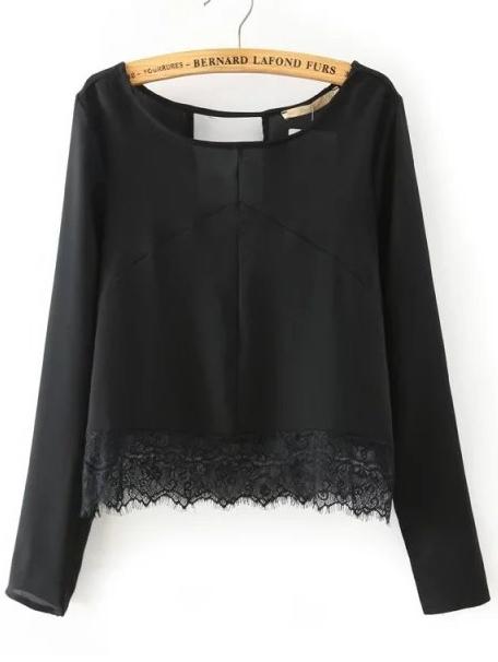 Shein Black Lace Trim Open Back Blouse