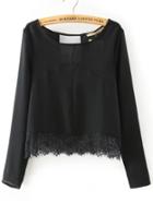 Shein Black Lace Trim Open Back Blouse