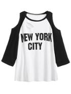 Shein Letter Print Contrast Open Shoulder Ripped T-shirt
