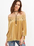 Shein Mustard Hollow Out Crochet Trim Off The Shoulder Velvet Top