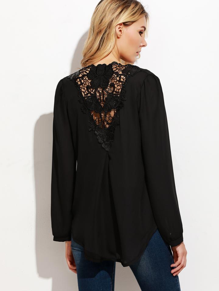 Shein Black V Neck Crochet Trim High Low Wrap Blouse