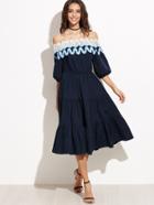 Shein Navy Lace Trim Off The Shoulder Tiered Dress